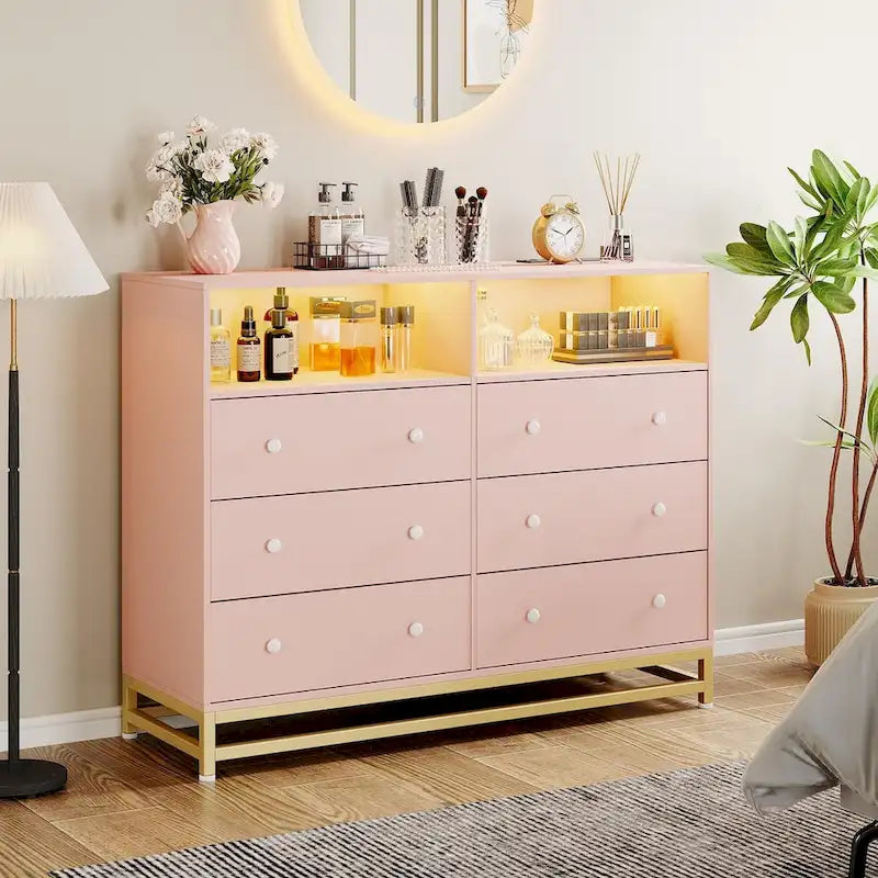Commode large 6 tiroirs blanc / noir / rose avec lumières LED RVB et station de recharge, 1 personne