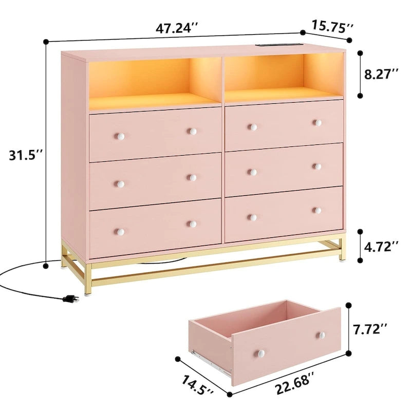Commode large 6 tiroirs blanc / noir / rose avec lumières LED RVB et station de recharge, 1 personne