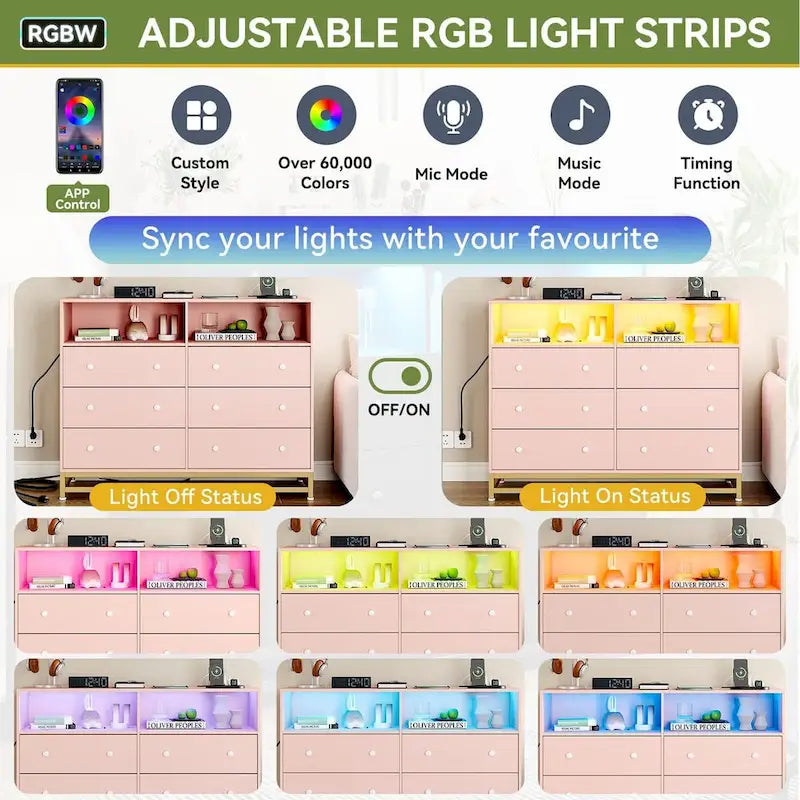 Commode large 6 tiroirs blanc / noir / rose avec lumières LED RVB et station de recharge, 1 personne