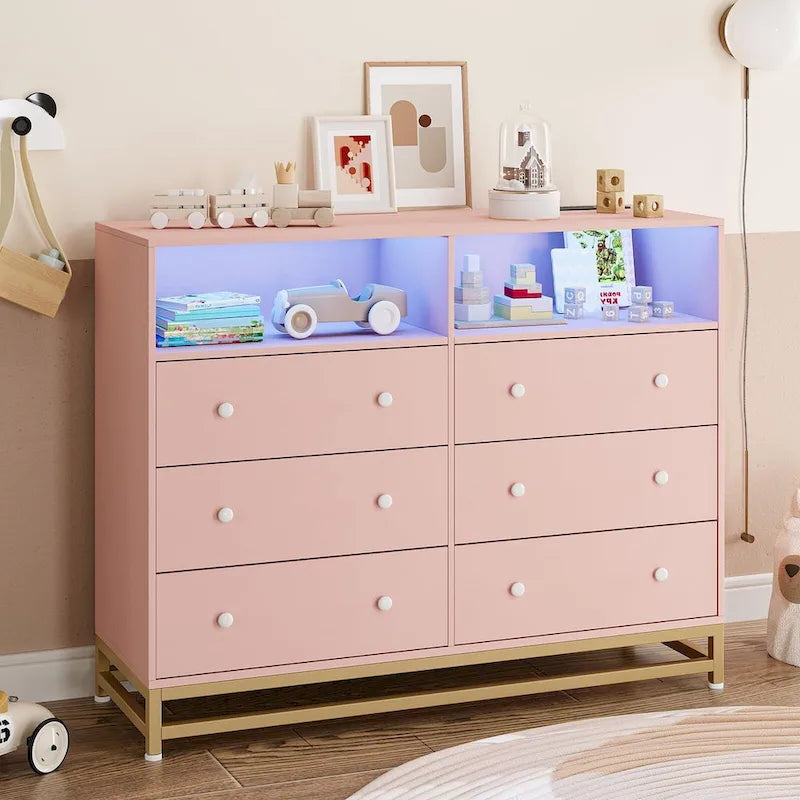Commode large 6 tiroirs blanc / noir / rose avec lumières LED RVB et station de recharge, 1 personne
