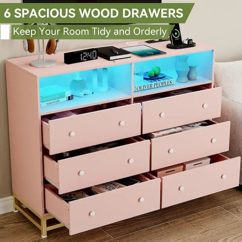 Commode large 6 tiroirs blanc / noir / rose avec lumières LED RVB et station de recharge, 1 personne