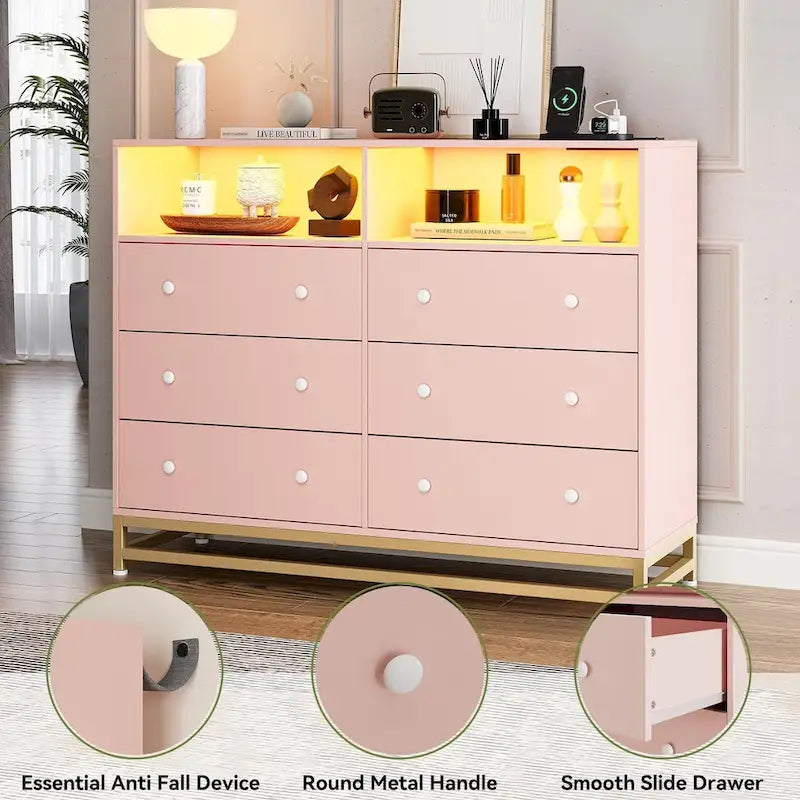 Commode large 6 tiroirs blanc / noir / rose avec lumières LED RVB et station de recharge, 1 personne