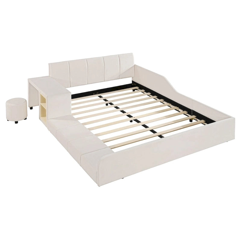 Lit plateforme pleine grandeur à profil bas en velours beige/gris/rose avec bureau de chevet et tabouret rond, 2 personnes