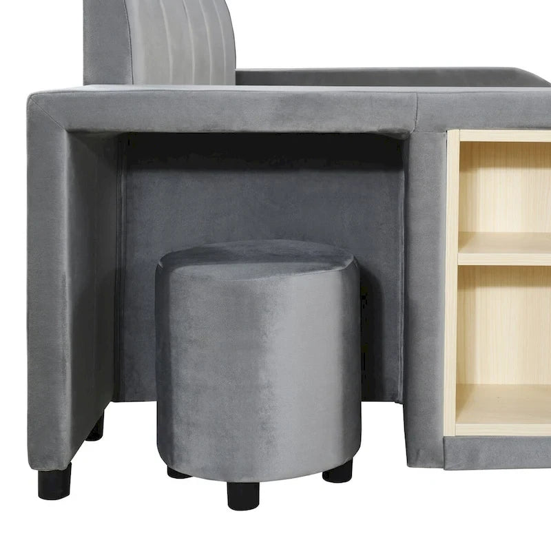 Lit plateforme pleine grandeur à profil bas en velours beige/gris/rose avec bureau de chevet et tabouret rond, 2 personnes