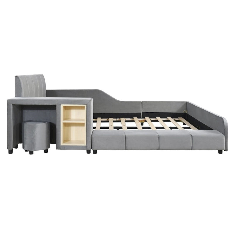 Lit plateforme pleine grandeur à profil bas en velours beige/gris/rose avec bureau de chevet et tabouret rond, 2 personnes