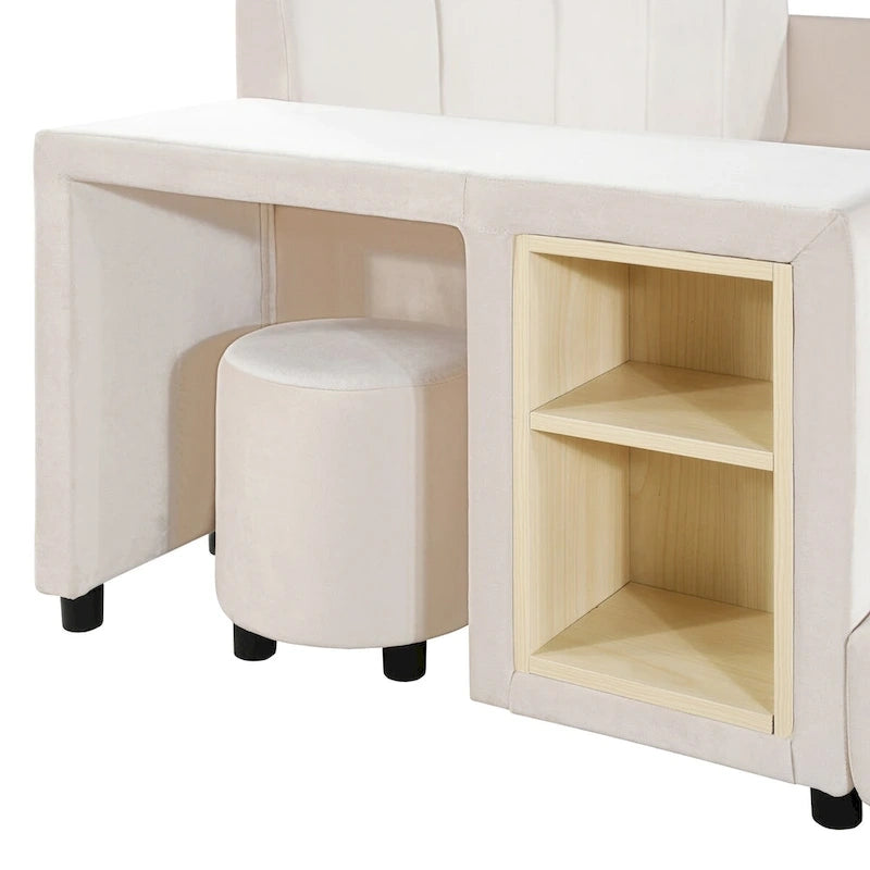 Lit plateforme pleine grandeur à profil bas en velours beige/gris/rose avec bureau de chevet et tabouret rond, 2 personnes