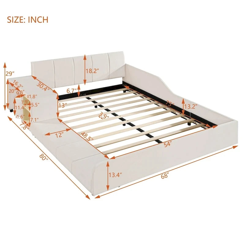 Lit plateforme pleine grandeur à profil bas en velours beige/gris/rose avec bureau de chevet et tabouret rond, 2 personnes