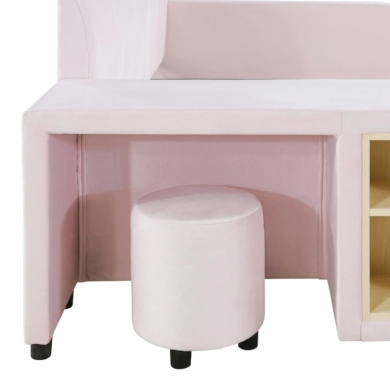Lit plateforme pleine grandeur à profil bas en velours beige/gris/rose avec bureau de chevet et tabouret rond, 2 personnes