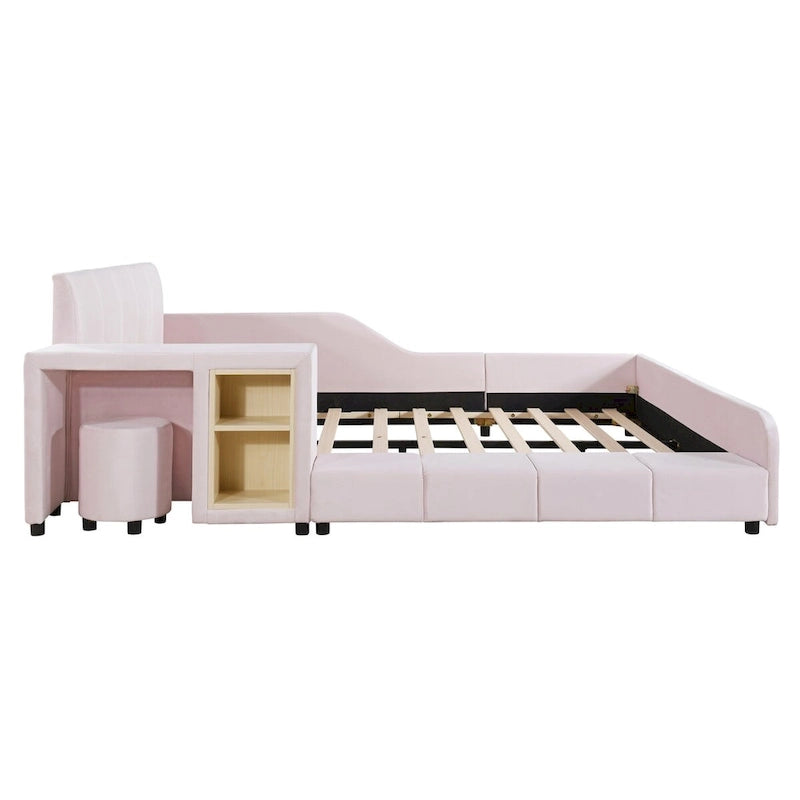 Lit plateforme pleine grandeur à profil bas en velours beige/gris/rose avec bureau de chevet et tabouret rond, 2 personnes