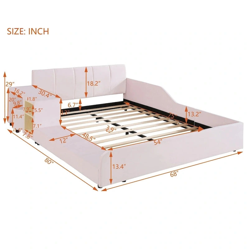 Lit plateforme pleine grandeur à profil bas en velours beige/gris/rose avec bureau de chevet et tabouret rond, 2 personnes