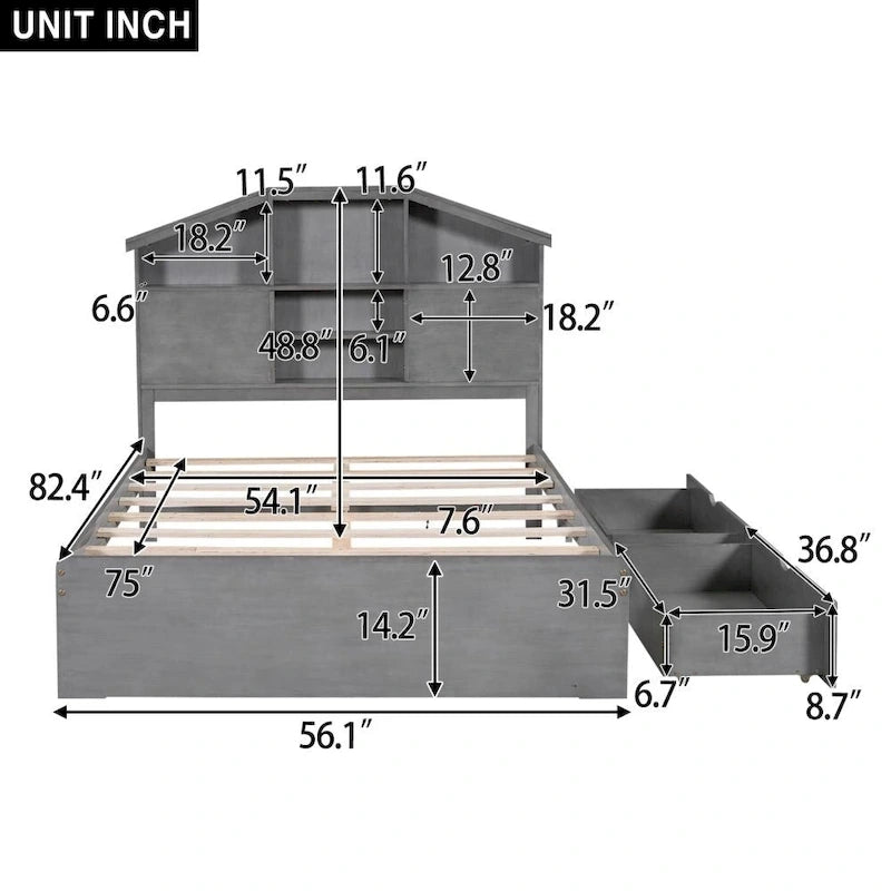 Lit plateforme pleine grandeur gris/noyer avec tête de lit de rangement en forme de maison et 2 tiroirs, 1 personne