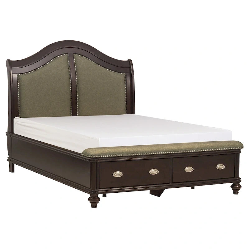 Lit traîneau Queen beige et marron avec tête de lit rembourrée et pied de lit de rangement à 2 tiroirs, poignées chromées, 1 personne