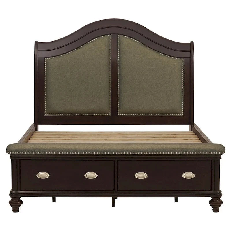 Lit traîneau Queen beige et marron avec tête de lit rembourrée et pied de lit de rangement à 2 tiroirs, poignées chromées, 1 personne