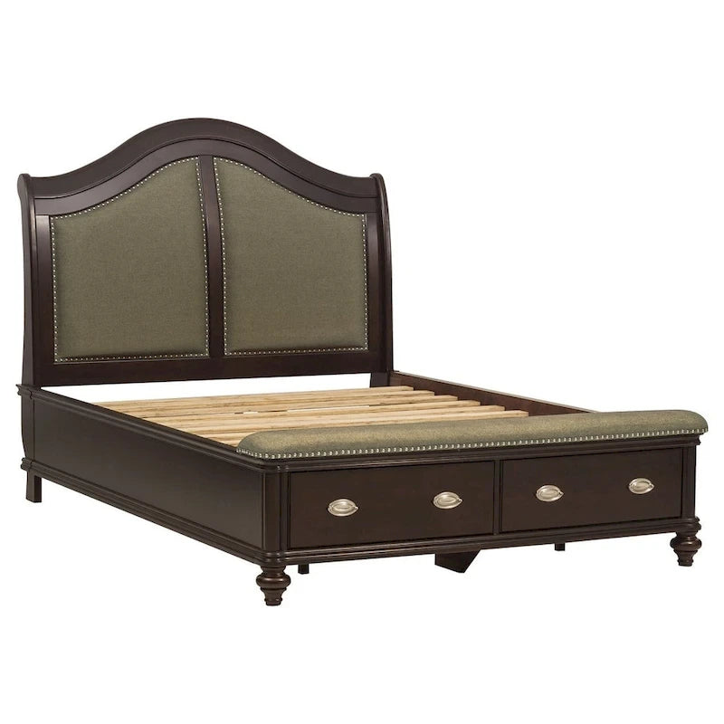 Lit traîneau Queen beige et marron avec tête de lit rembourrée et pied de lit de rangement à 2 tiroirs, poignées chromées, 1 personne