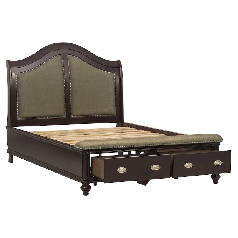 Lit traîneau Queen beige et marron avec tête de lit rembourrée et pied de lit de rangement à 2 tiroirs, poignées chromées, 1 personne