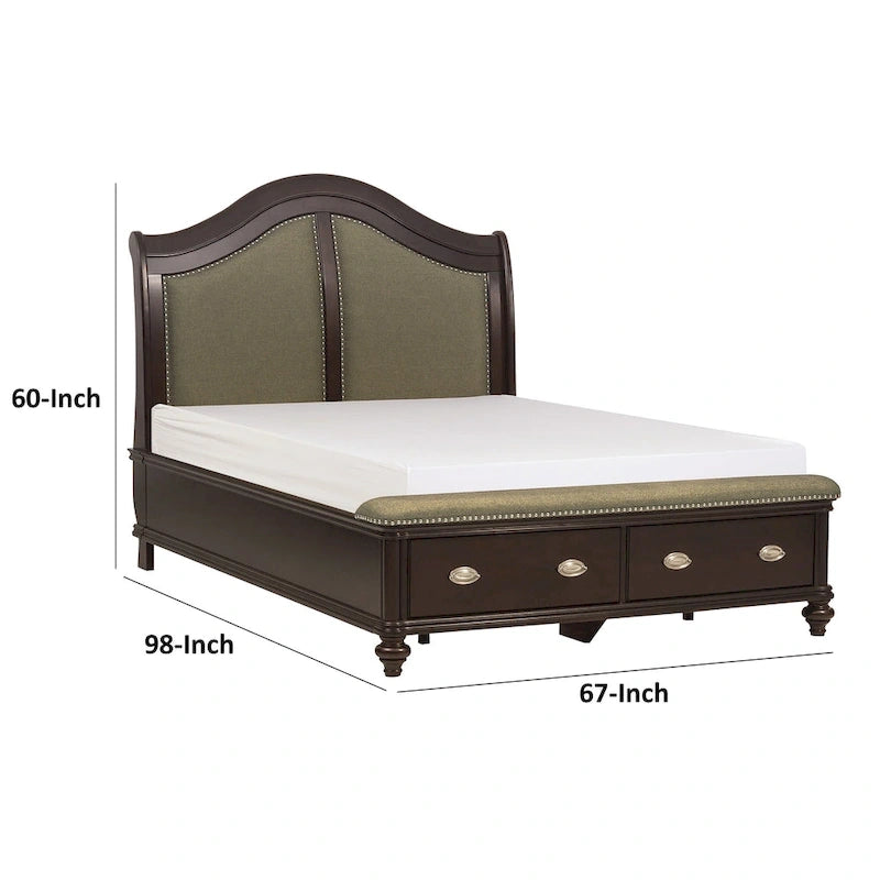 Lit traîneau Queen beige et marron avec tête de lit rembourrée et pied de lit de rangement à 2 tiroirs, poignées chromées, 1 personne