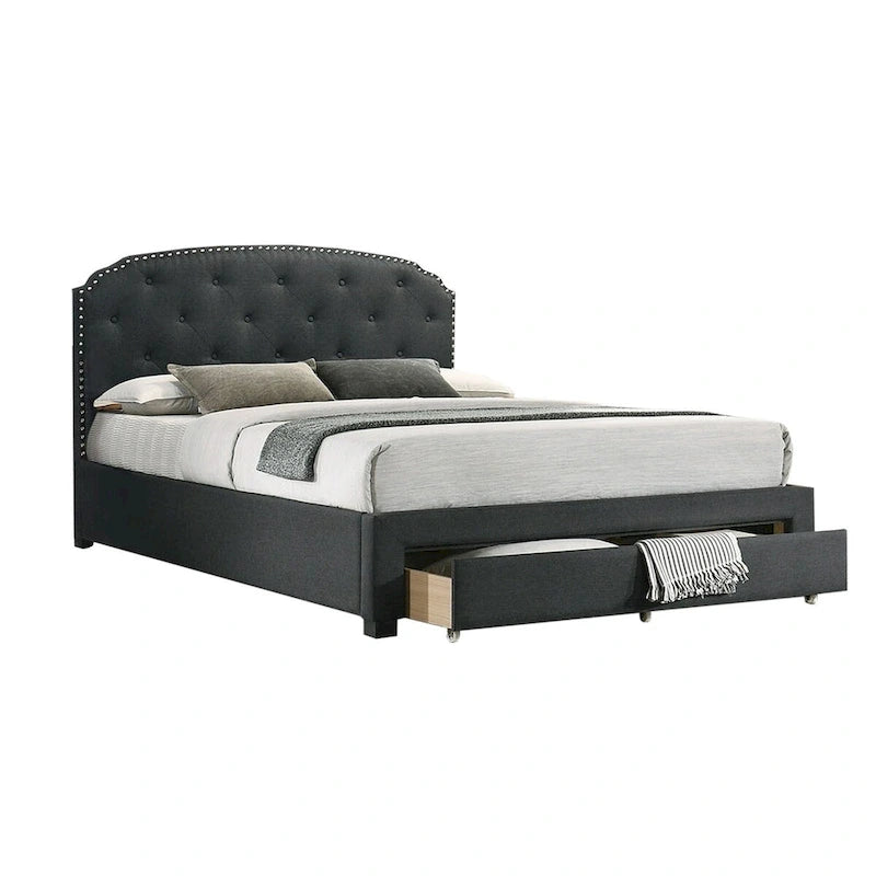 Burlap Upholstered Eastern King Bed with 1 Underbed Drawer in Charcoal