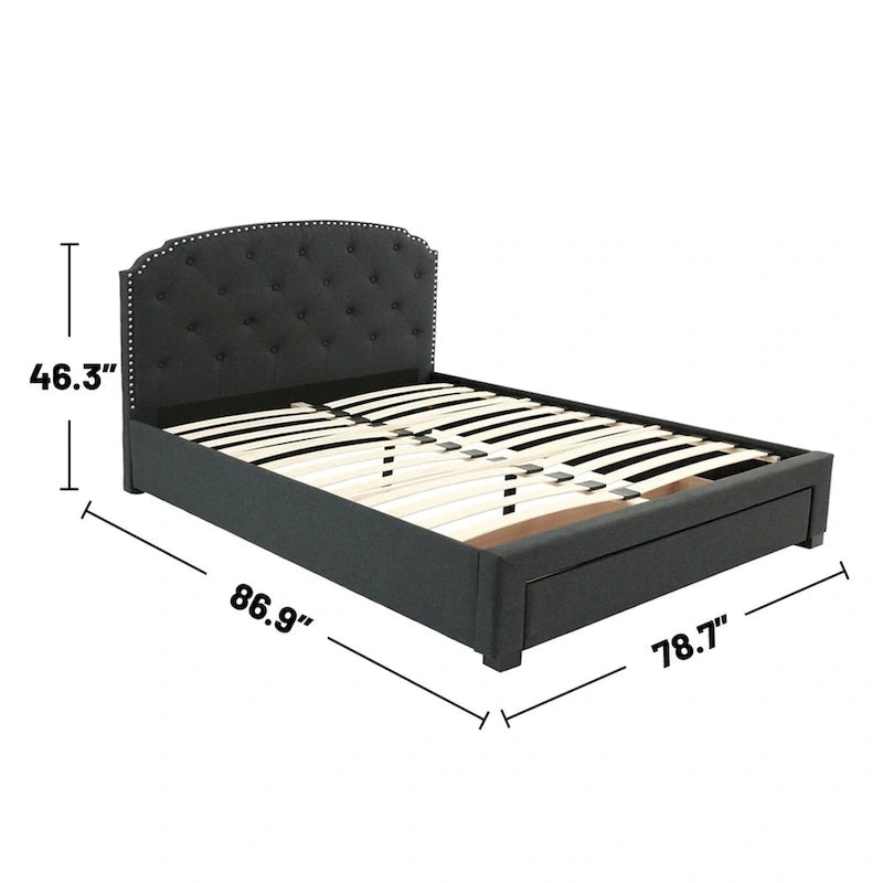 Lit king size capitonné en toile de jute couleur charbon avec tiroir de rangement sous le lit, 2 places