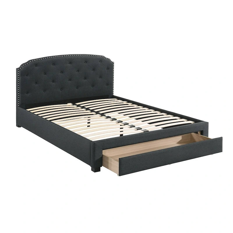 Lit king size capitonné en toile de jute couleur charbon avec tiroir de rangement sous le lit, 2 places