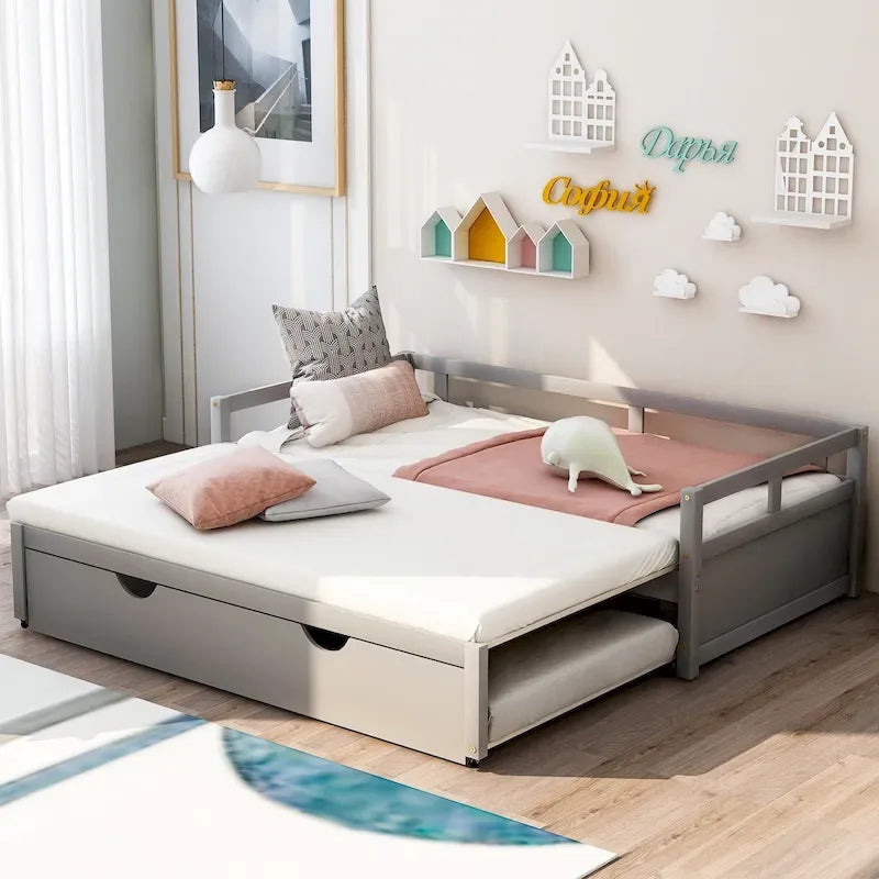 Lit de repos en pin massif avec lit gigogne, transformable de jumeau à king, 1-2 personnes - Espresso / Gris / Blanc