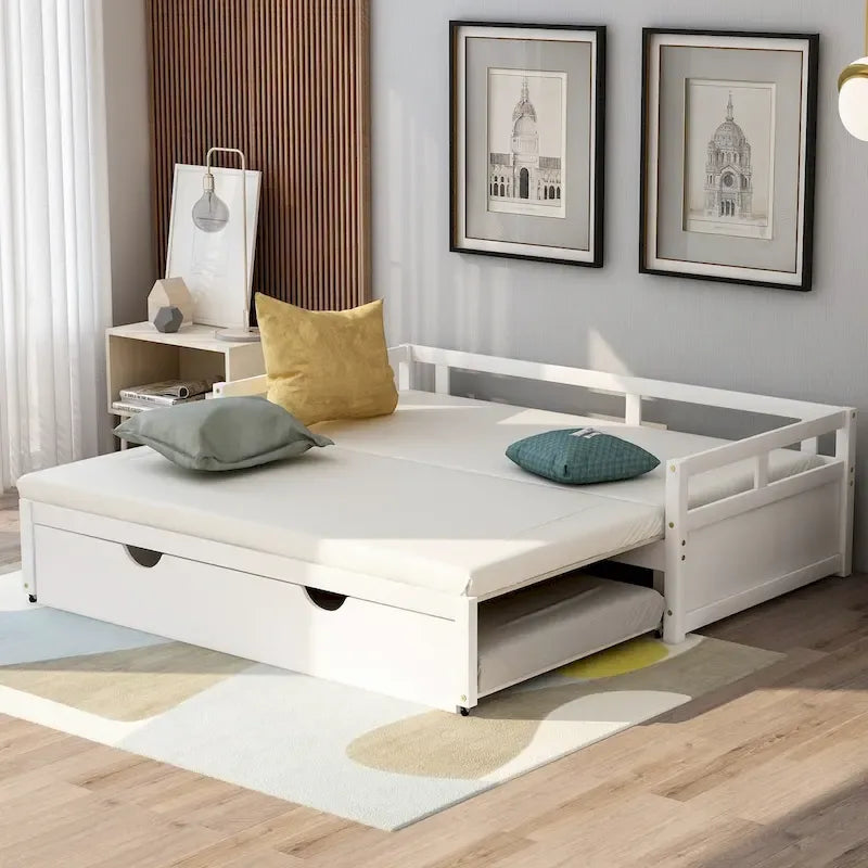Lit de repos en pin massif avec lit gigogne, transformable de jumeau à king, 1-2 personnes - Espresso / Gris / Blanc