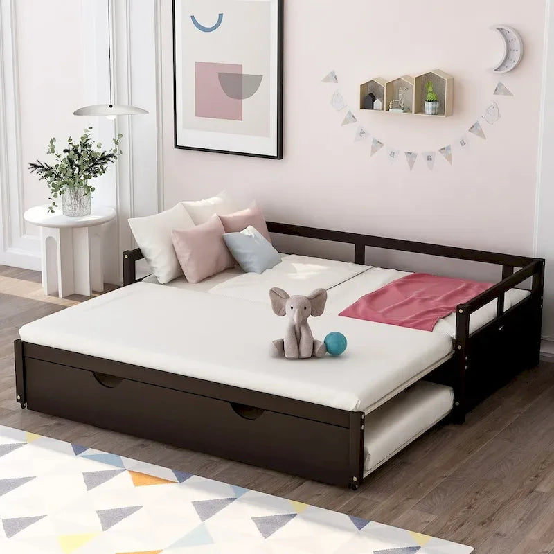 Lit de repos en pin massif avec lit gigogne, transformable de jumeau à king, 1-2 personnes - Espresso / Gris / Blanc