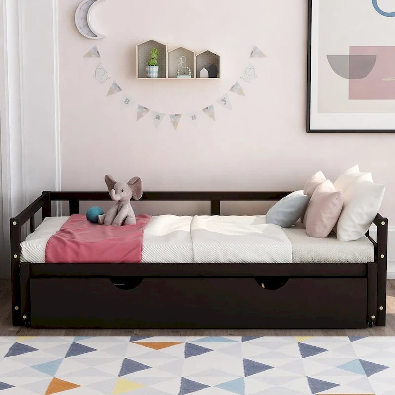 Lit de repos en pin massif avec lit gigogne, transformable de jumeau à king, 1-2 personnes - Espresso / Gris / Blanc