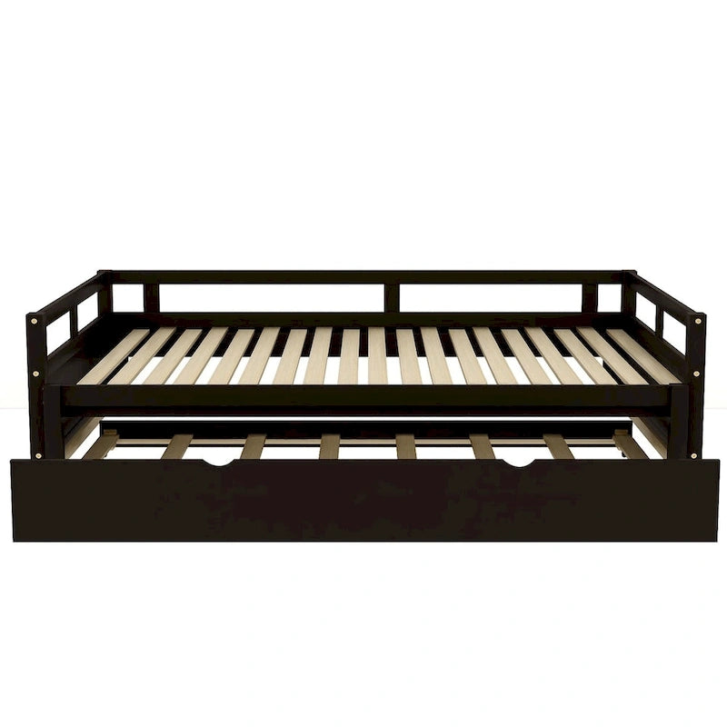 Lit de repos en pin massif avec lit gigogne, transformable de jumeau à king, 1-2 personnes - Espresso / Gris / Blanc
