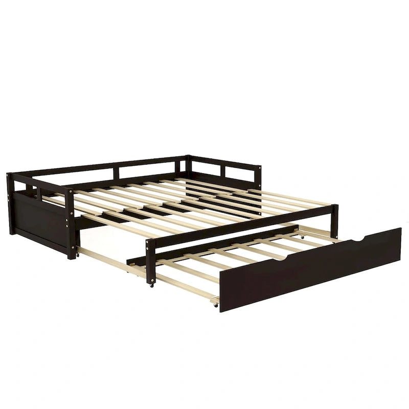 Lit de repos en pin massif avec lit gigogne, transformable de jumeau à king, 1-2 personnes - Espresso / Gris / Blanc