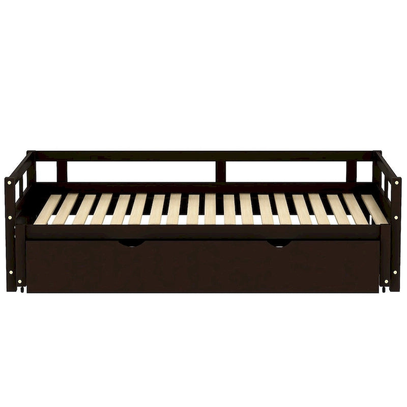 Lit de repos en pin massif avec lit gigogne, transformable de jumeau à king, 1-2 personnes - Espresso / Gris / Blanc