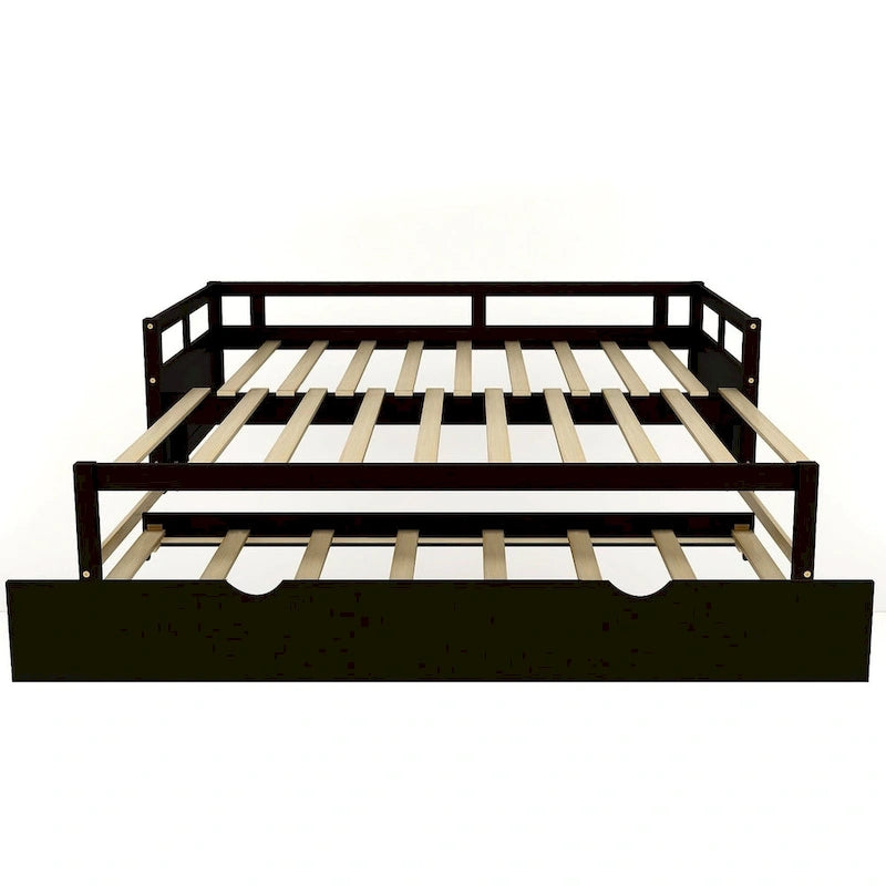 Lit de repos en pin massif avec lit gigogne, transformable de jumeau à king, 1-2 personnes - Espresso / Gris / Blanc