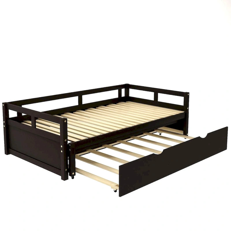Lit de repos en pin massif avec lit gigogne, transformable de jumeau à king, 1-2 personnes - Espresso / Gris / Blanc