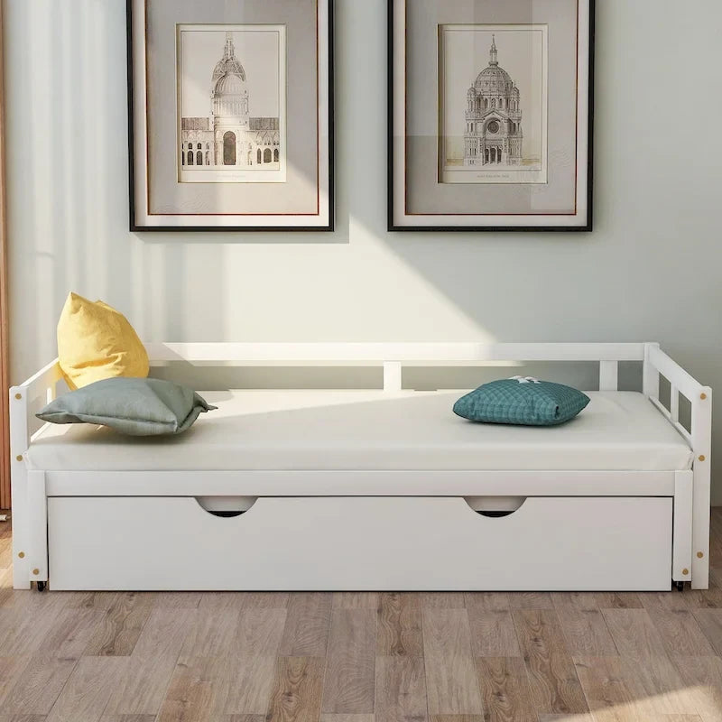 Lit de repos en pin massif avec lit gigogne, transformable de jumeau à king, 1-2 personnes - Espresso / Gris / Blanc