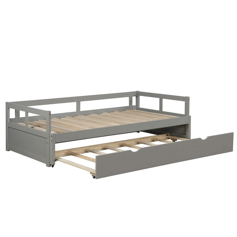 Lit de repos en pin massif avec lit gigogne, transformable de jumeau à king, 1-2 personnes - Espresso / Gris / Blanc