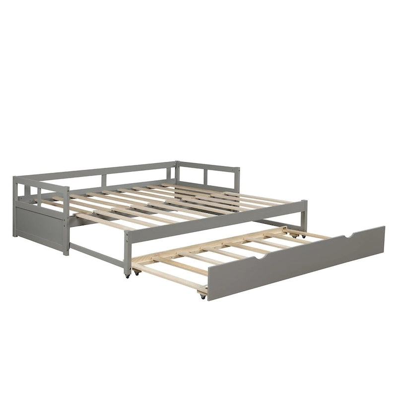 Lit de repos en pin massif avec lit gigogne, transformable de jumeau à king, 1-2 personnes - Espresso / Gris / Blanc