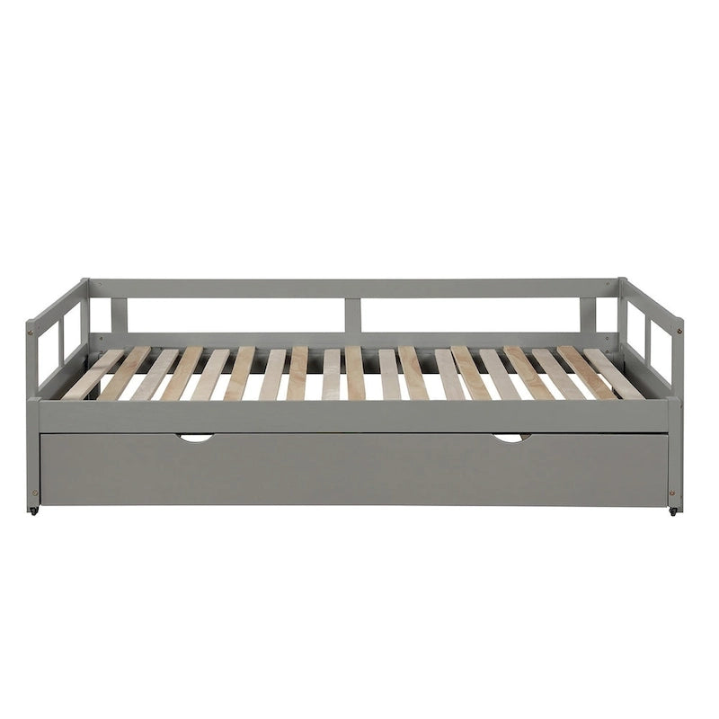 Lit de repos en pin massif avec lit gigogne, transformable de jumeau à king, 1-2 personnes - Espresso / Gris / Blanc