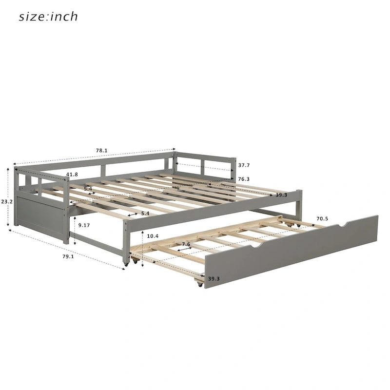 Lit de repos en pin massif avec lit gigogne, transformable de jumeau à king, 1-2 personnes - Espresso / Gris / Blanc