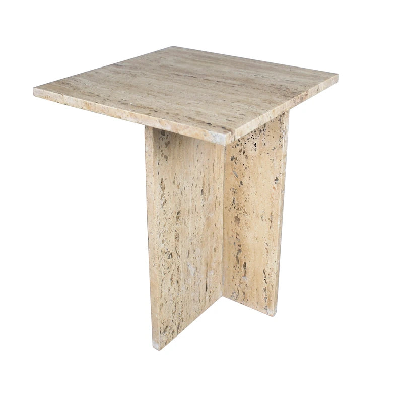 Table d'appoint en marbre naturel travertin / gris beige en forme de T, style milieu de siècle, 1 personne