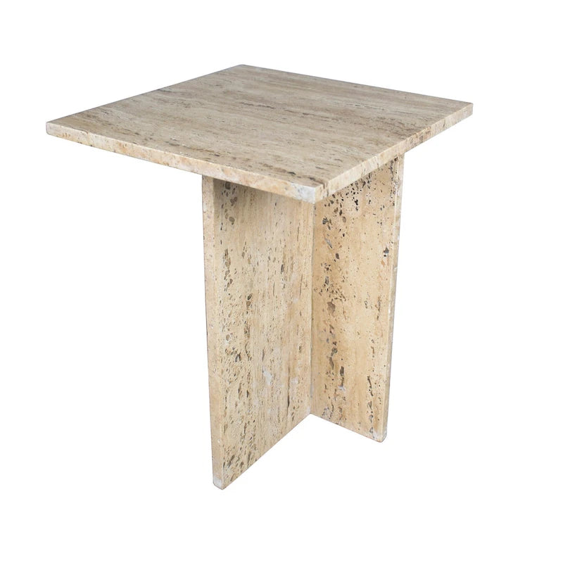 Table d'appoint en marbre naturel travertin / gris beige en forme de T, style milieu de siècle, 1 personne