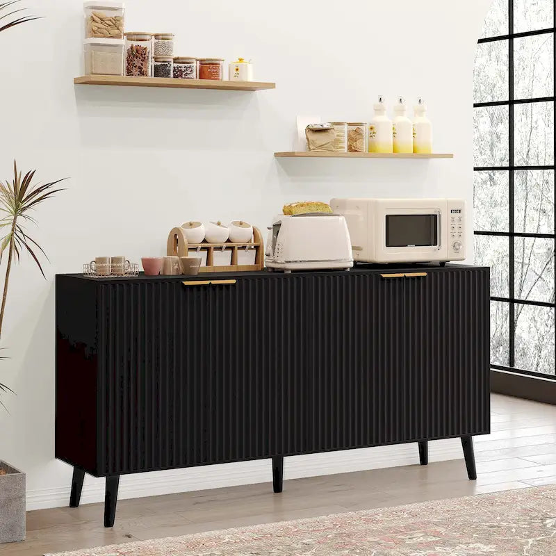 Buffet/bahut moderne du milieu du siècle noir/blanc avec 4 portes à texture ondulée et pieds en bois massif, 1 personne