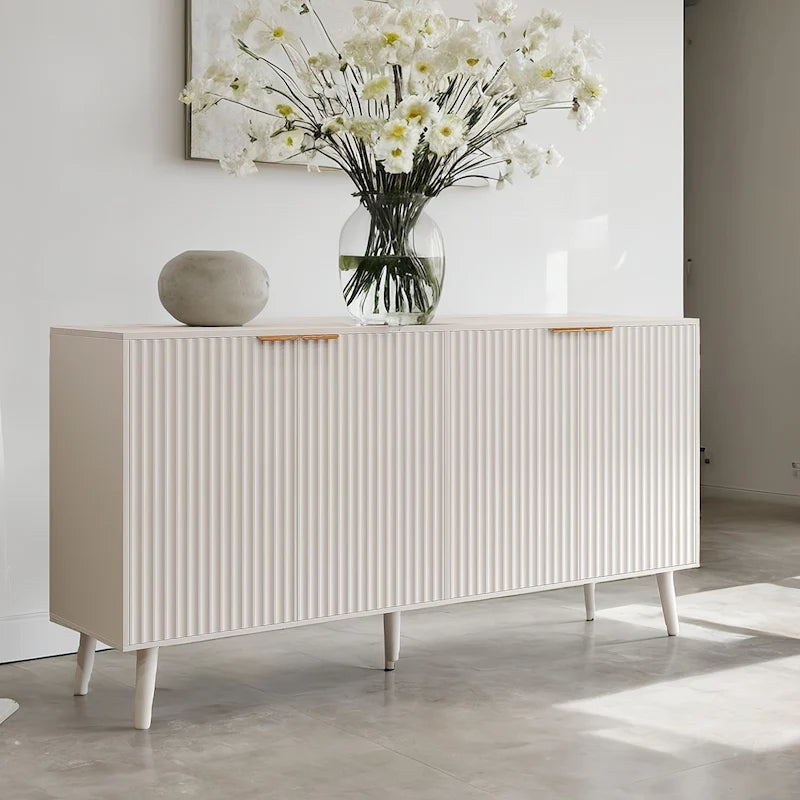 Buffet/bahut moderne du milieu du siècle noir/blanc avec 4 portes à texture ondulée et pieds en bois massif, 1 personne