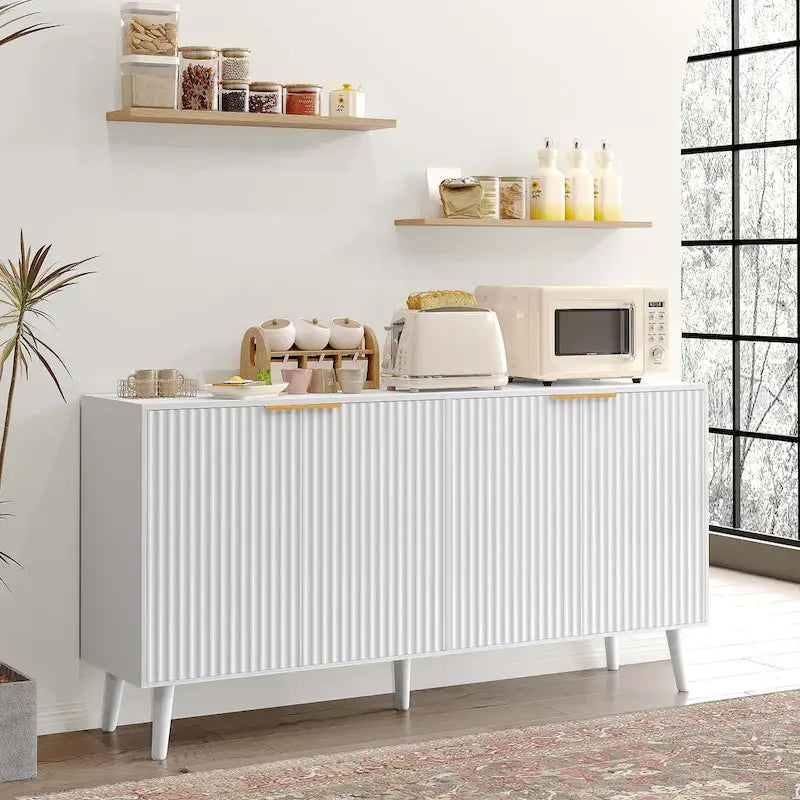 Buffet/bahut moderne du milieu du siècle noir/blanc avec 4 portes à texture ondulée et pieds en bois massif, 1 personne