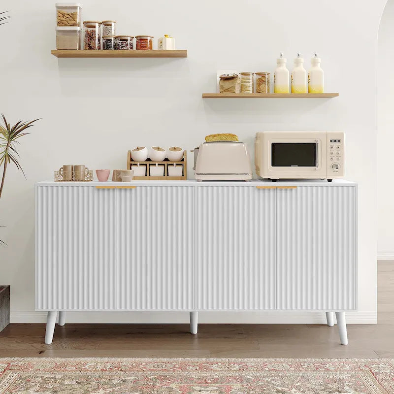 Buffet/bahut moderne du milieu du siècle noir/blanc avec 4 portes à texture ondulée et pieds en bois massif, 1 personne