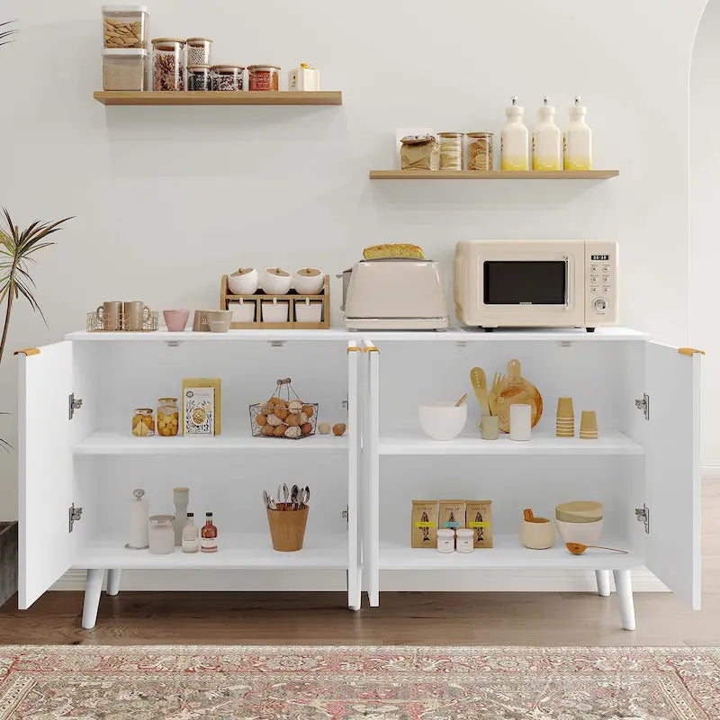 Buffet/bahut moderne du milieu du siècle noir/blanc avec 4 portes à texture ondulée et pieds en bois massif, 1 personne