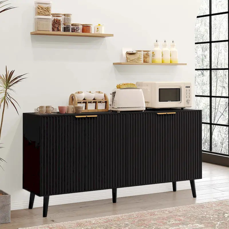 Buffet/bahut moderne du milieu du siècle noir/blanc avec 4 portes à texture ondulée et pieds en bois massif, 1 personne