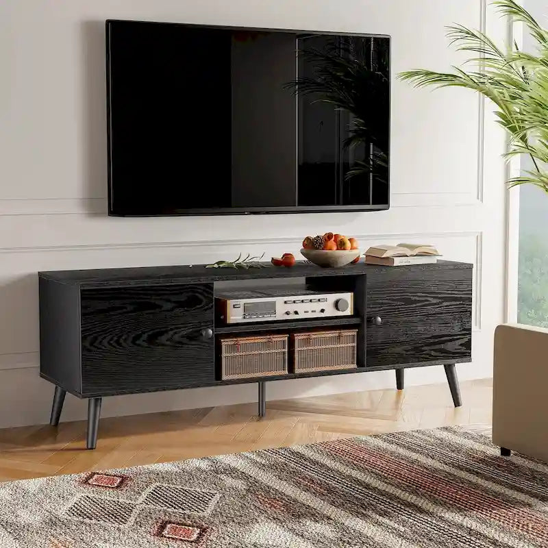 Meuble TV Mid-Century Noir/Marron avec 2 Armoires et Étagère Réglable, Compatible TV jusqu'à 60 Pouces, 1 Personne