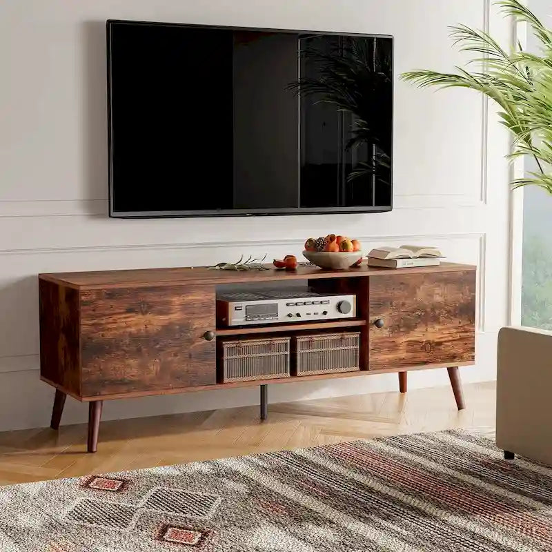 Meuble TV Mid-Century Noir/Marron avec 2 Armoires et Étagère Réglable, Compatible TV jusqu'à 60 Pouces, 1 Personne
