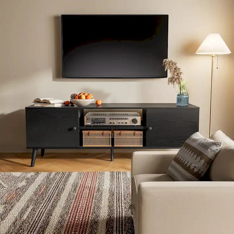 Meuble TV Mid-Century Noir/Marron avec 2 Armoires et Étagère Réglable, Compatible TV jusqu'à 60 Pouces, 1 Personne