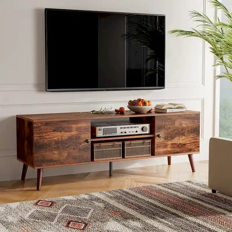 Meuble TV Mid-Century Noir/Marron avec 2 Armoires et Étagère Réglable, Compatible TV jusqu'à 60 Pouces, 1 Personne