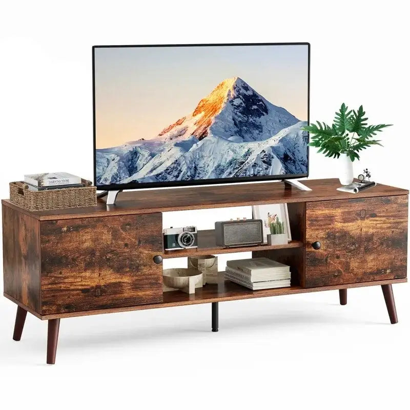 Meuble TV Mid-Century Noir/Marron avec 2 Armoires et Étagère Réglable, Compatible TV jusqu'à 60 Pouces, 1 Personne